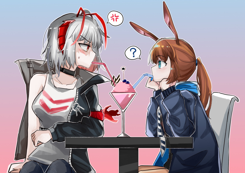 2girls ? absurdres amiya_(arknights) anger_vein animal_ears arknights bare_shoulders bendy_straw black_jacket blue_eyes breasts brown_hair buxidehuo207 collarbone commentary_request drinking_straw eye_contact grey_hair grey_tank_top hands_up highres jacket long_hair long_sleeves looking_at_another medium_breasts multiple_girls necktie parfait ponytail profile puffy_long_sleeves puffy_sleeves rabbit_ears red_eyes shared_food sidelocks sitting spoken_anger_vein spoken_question_mark striped_necktie table tank_top w_(arknights)