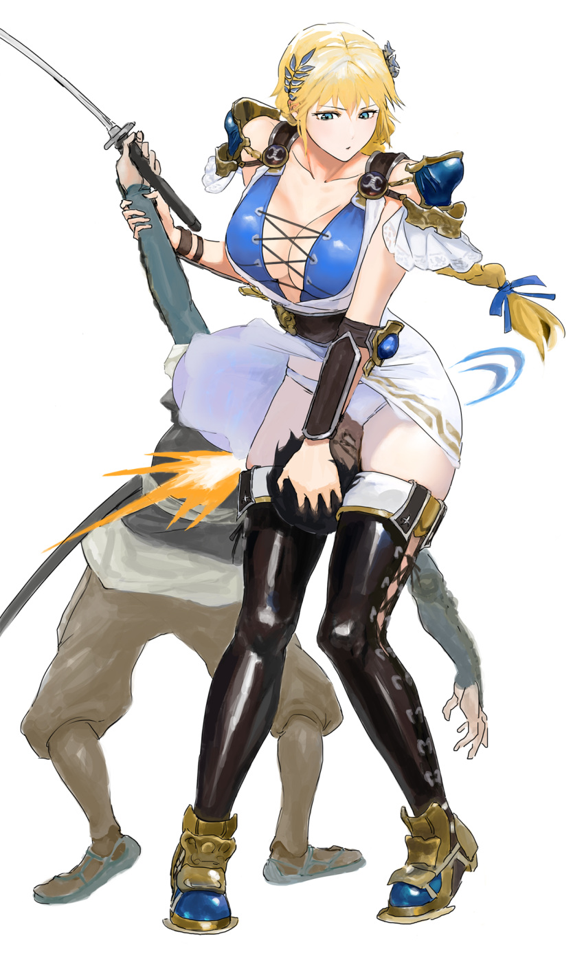 1boy 1girl arm_grab bdsm blonde_hair blue_eyes breasts femdom hetero highres large_breasts long_hair mixed-sex_combat panties pantyshot revealing_clothes reverse_ryona scissorhold seset sophitia_alexandra soulcalibur underwear white_panties