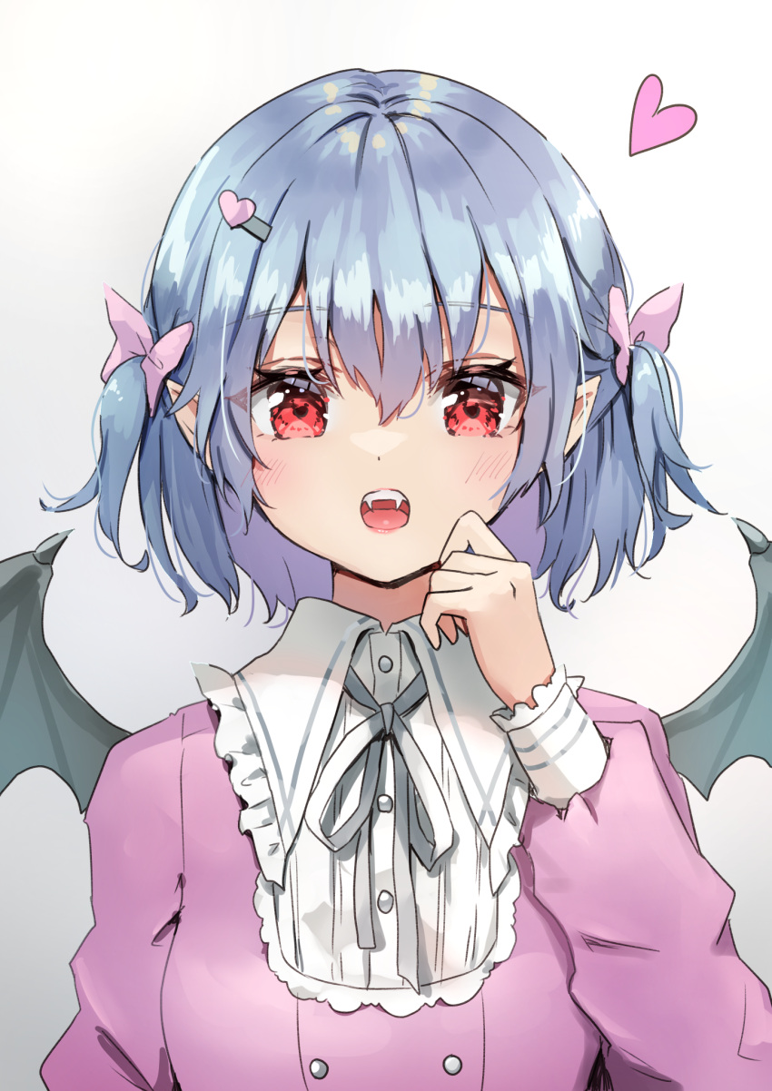 1girl bangs bat_wings blush eyebrows_visible_through_hair frills grey_background hair_between_eyes hair_ornament hair_ribbon hand_up heart highres long_sleeves looking_at_viewer neck_ribbon open_mouth pink_ribbon pointy_ears red_eyes remilia_scarlet ribbon shironeko_yuuki shirt short_hair solo touhou upper_body white_background wings