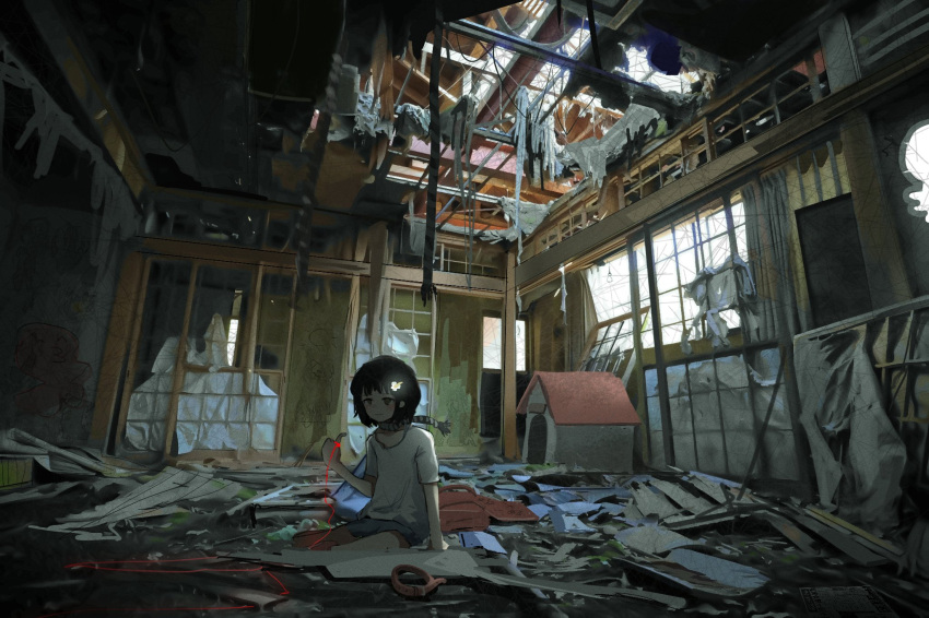 1girl bangs baozha_agong black_hair blush closed_mouth doghouse fusuma highres kuze_shizuka leash messy_room rope shirt short_hair shorts sitting sliding_doors solo string string_of_fate t-shirt takopii_no_genzai