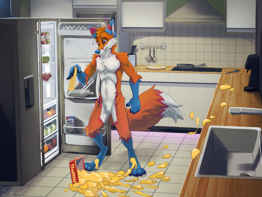 4:3 anthro appliance biped black_claws black_eyebrows black_pawpads blue_body blue_ears blue_fur blue_nose canid canine cheek_tuft chest_tuft claws crotch_tuft digitigrade dipstick_tail eyebrows facial_tuft finger_claws floor food fox fridge front_view fur glistening glistening_eyes gloves_(marking) hair hi_res impulse_the_fox inside kitchen kitchen_appliance knee_tuft leg_markings leg_tuft male mammal markings neck_tuft orange_body orange_fur orange_hair orange_tail pan pawpads purple_eyes short_hair shoulder_tuft signature socks_(marking) solo standing tail_markings teeth tile tile_floor tile_wall tuft wall_(structure) white_body white_fur white_inner_ear white_tail yookie