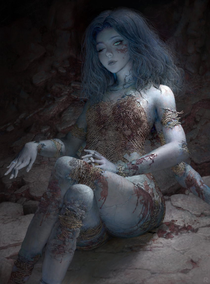 1girl blue_hair blue_skin colored_skin cracked_skin crossed_legs elden_ring extra_arms highres looking_at_viewer one_eye_closed own_hands_together ranni_the_witch ruanjia sitting smile solo