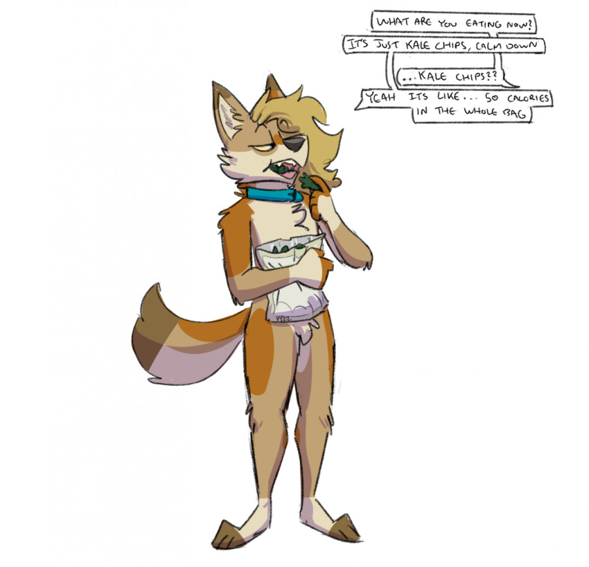 2022 3_toes barefoot canid canine canis chips_(food) collar colored coyote dialogue digital_drawing_(artwork) digital_media_(artwork) dipstick_tail eating english_text feet food hi_res inner_ear_fluff mammal markings multicolored_body narrowed_eyes plantigrade rain_(vanillayote) shaded signature simple_background solo speech_bubble standing tail_markings text toes tuft vanillayote white_background