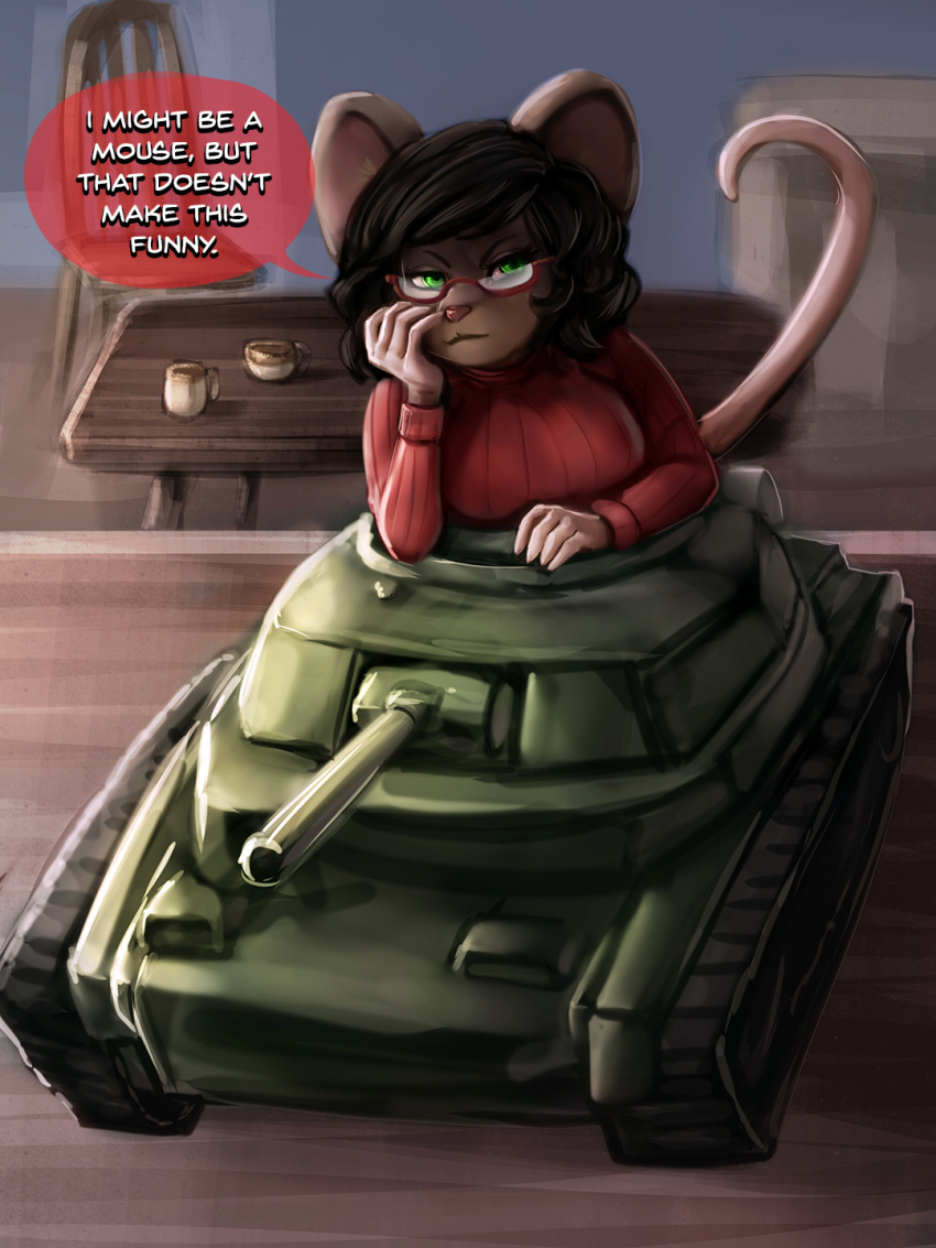 anthro big_breasts breasts chair clothing digital_media_(artwork) eyewear female furniture general-irrelevant glasses green_eyes hi_res inside mammal margaret_de_campos mice_tea micro mouse murid murine red_clothing red_eyewear red_glasses red_sweater red_topwear rodent solo sweater table tank topwear vehicle