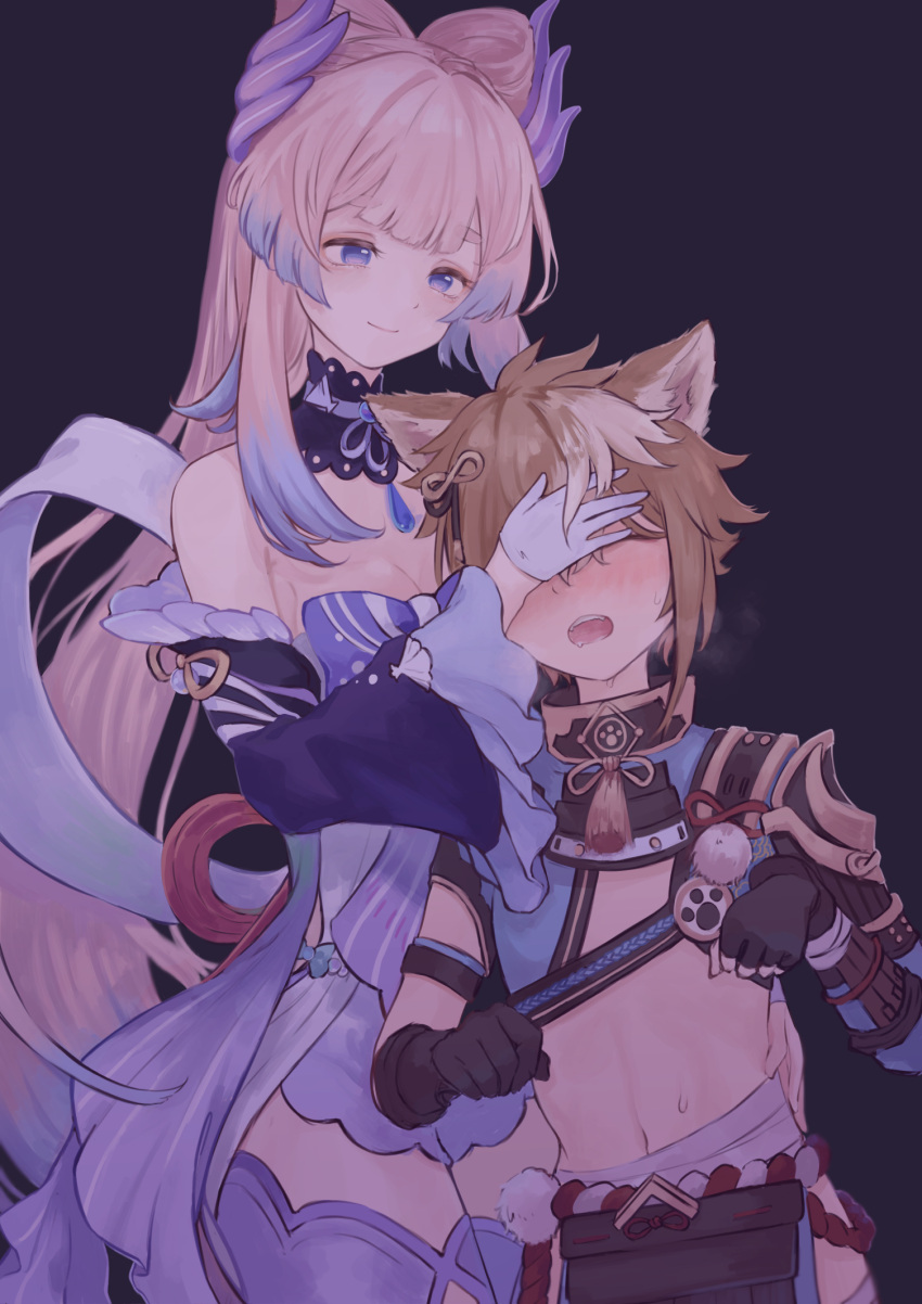 1boy 1girl 2girls animal_ears aqua_hair armor bangs black_background black_gloves blush bow breasts brown_hair cleavage commentary_request detached_sleeves dog_boy dog_ears genshin_impact gloves gorou_(genshin_impact) hair_ornament hand_over_another's_eyes highres japanese_armor japanese_clothes long_hair multicolored_hair multiple_girls open_mouth paw_pose paw_print pink_hair purple_hair purple_legwear sangonomiya_kokomi simple_background smile sweat thighhighs very_long_hair white_gloves white_hair wide_sleeves yamabuki_(laysis_yama)