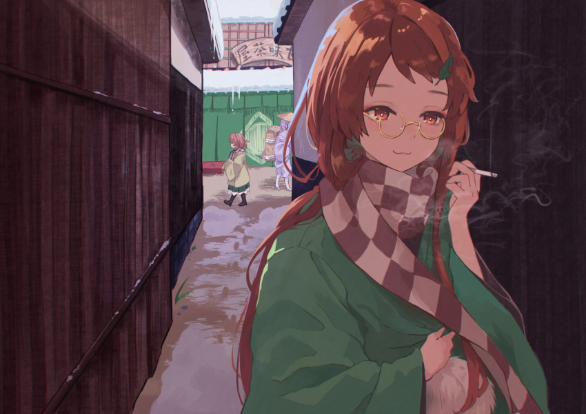 3girls :3 alley black_footwear book boots bright_pupils brown_eyes brown_hair brown_scarf building checkered_clothes checkered_scarf cigarette closed_mouth commentary_request futatsuiwa_mamizou futatsuiwa_mamizou_(human) green_robe hair_ornament hat highres holding holding_book holding_cigarette leaf_hair_ornament leg_wrap light_smile long_hair long_sleeves looking_down motoori_kosuzu multiple_girls pom_pom_(clothes) purple_robe reisen_udongein_inaba road round_eyewear scarf semi-rimless_eyewear smoke smoking straw_hat touhou upper_body wide_sleeves yamabuki_(laysis_yama)
