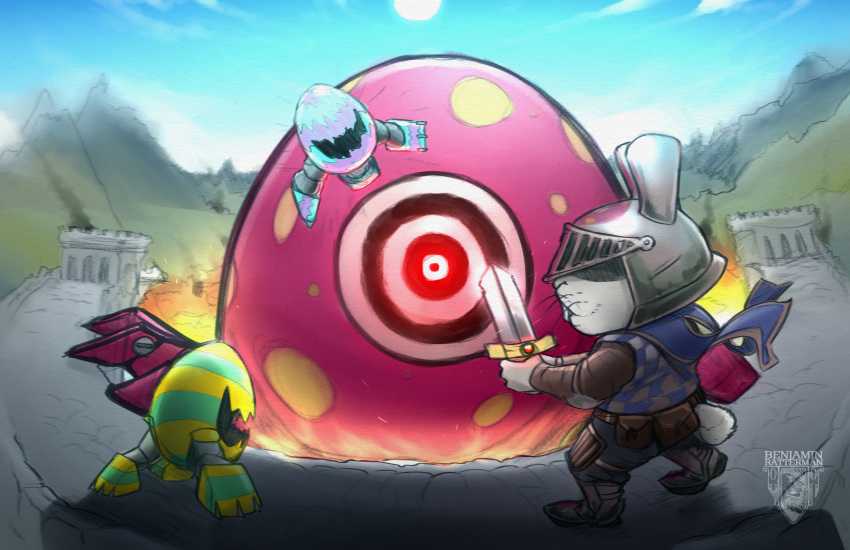 anthro battle benjamin_ratterman castle day digital_drawing_(artwork) digital_media_(artwork) easter easter_bunny easter_egg egg fight fire hi_res holidays knight lagomorph leporid light male mammal melee_weapon rabbit solo sunlight sword warrior weapon