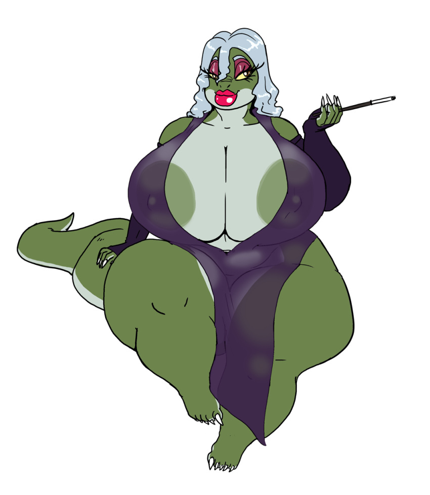 2018 anthro areola areola_slip barefoot big_breasts biped breasts brown_eyes cigarette cigarette_holder cleavage clothed clothing curvy_figure dress eyeshadow feet female green_areola green_body green_nipples green_scales hair half-closed_eyes hi_res holding_object huge_breasts komodo_dragon lips lipstick lizard makeup mature_anthro mature_female monitor_lizard narrowed_eyes nia_(eurasia21xx) nipple_outline nipples non-mammal_breasts pink_eyeshadow pink_lips pink_lipstick reptile scales scalie silver_hair simple_background sitting solo thick_thighs translucent translucent_clothing vdisco voluptuous white_background wide_hips yellow_sclera