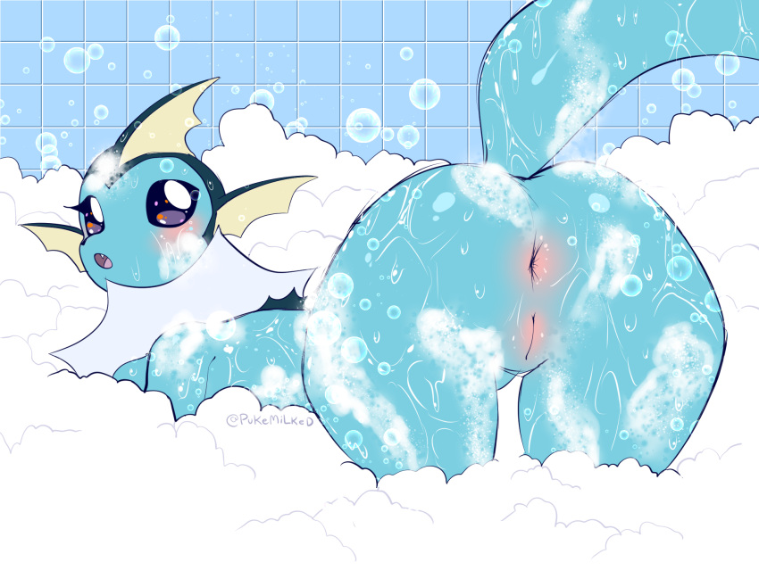 anthro anus bath bathtub blue_body blush bubble butt eeveelution female genitals hi_res looking_at_viewer nintendo nude pok&eacute;mon pok&eacute;mon_(species) pukemilked pussy soap soap_bubbles solo suds vaporeon video_games