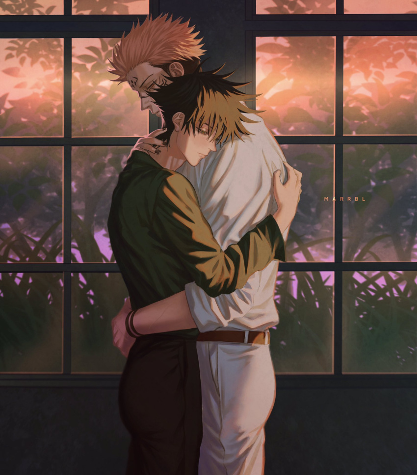 2boys arm_tattoo artist_name belt black_hair black_nails black_pants closed_mouth couple facial_tattoo from_side fushiguro_megumi green_eyes green_shirt hair_between_eyes half-closed_eyes hand_on_another's_back hand_on_another's_neck height_difference highres hug jujutsu_kaisen long_sleeves looking_at_another male_focus marrbl mixed-language_commentary multiple_boys mutual_hug pants pink_hair plant red_eyes ryoumen_sukuna_(jujutsu_kaisen) shirt short_hair sideburns sleeves_rolled_up spiked_hair standing tattoo toned toned_male undercut white_pants white_shirt window yaoi
