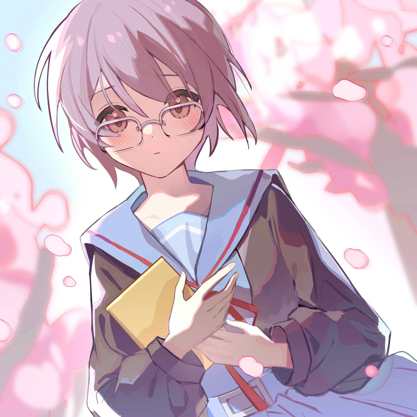 1girl absurdres bangs belt blue_belt blue_sailor_collar blue_skirt blush book brown_cardigan brown_eyes cardigan cherry_blossoms chinese_commentary closed_mouth commentary_request glasses highres holding holding_book kita_high_school_uniform long_sleeves looking_at_viewer mogege_gk nagato_yuki open_cardigan open_clothes purple_hair red_ribbon ribbon sailor_collar school_uniform serafuku short_hair skirt solo suzumiya_haruhi_no_shoushitsu suzumiya_haruhi_no_yuuutsu