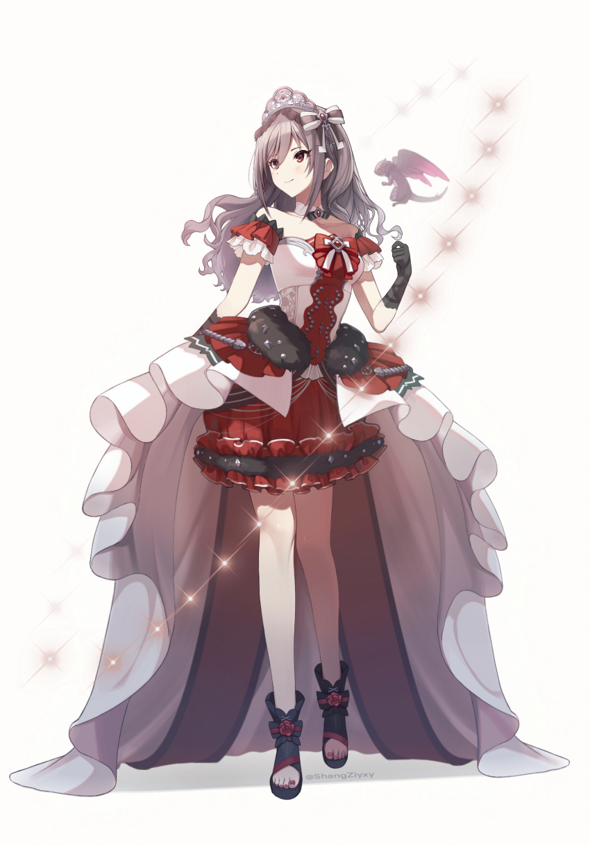 1girl black_gloves blush collarbone detached_collar dragon dress frilled_dress frills full_body gloves grey_hair highres idolmaster idolmaster_cinderella_girls idolmaster_cinderella_girls_starlight_stage kanzaki_ranko long_hair looking_afar shangzi simple_background smile solo sparkle tiara wavy_hair white_background