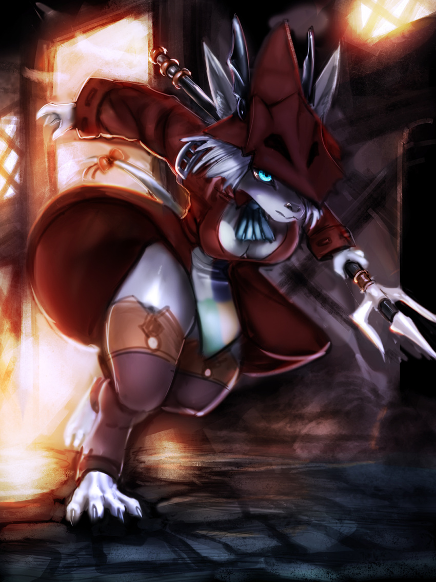 action_pose anthro barefoot blue_eyes breasts burmecian clothing digital_media_(artwork) feet female final_fantasy final_fantasy_ix freya_crescent general-irrelevant hair hi_res holding_polearm looking_up mammal outside pose red_clothing rodent solo square_enix video_games white_hair