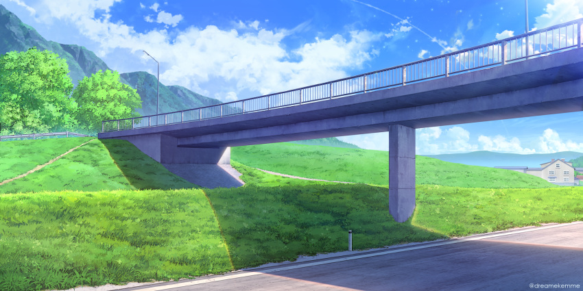 artist_name blue_sky bridge building cloud cloudy_sky commentary_request fence grass guard_rail highres kemme_dreame lamppost mountain no_humans original outdoors road scenery shadow sky tree twitter_username watermark