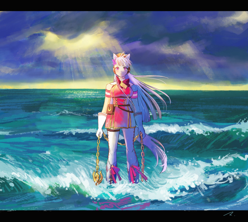 1girl animal_ears bangs boots breasts brown_legwear chain cloud cloudy_sky commentary day dress english_commentary floating_hair gloves gold_ship_(umamusume) highres holding horizon horse_ears horse_girl horse_tail large_breasts long_hair looking_at_viewer ocean outdoors pantyhose parted_lips pillbox_hat pouch purple_eyes red_dress red_ribbon ribbon rosette_(roze-ko) sky solo sunlight tail thigh_strap umamusume wading water wet wet_clothes wet_dress white_gloves white_legwear wind