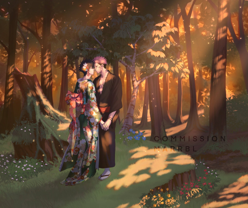 2boys arm_tattoo artist_name black_hair black_kimono black_nails blue_flower bow chest_tattoo collarbone commission couple eye_contact face-to-face facial_tattoo floral_print flower forest full_body fushiguro_megumi hair_flower hair_ornament highres holding_hands japanese_clothes jujutsu_kaisen kimono long_sleeves looking_at_another male_focus marrbl multicolored_hair multiple_boys nature obi outdoors plant print_kimono red_flower ryoumen_sukuna_(jujutsu_kaisen) sash short_hair spiked_hair standing sunset tabi tattoo tree two-tone_hair undercut white_footwear wide_sleeves yaoi yellow_flower