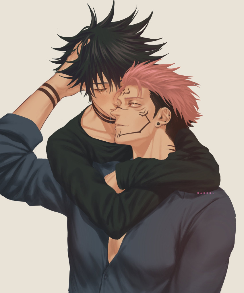 2boys arm_tattoo arms_around_neck artist_name bangs black_collar black_hair closed_mouth collar collarbone couple ear_piercing eyebrows eyelashes facial_tattoo forehead_tattoo fushiguro_megumi grabbing_another's_hair green_eyes green_shirt hair_between_eyes highres hug hug_from_behind jujutsu_kaisen lips long_sleeves looking_at_another looking_back male_focus marrbl multicolored_hair multiple_boys muscular muscular_male neck_tattoo nose open_clothes open_shirt parted_lips piercing pink_hair red_eyes ryoumen_sukuna_(jujutsu_kaisen) shirt short_hair sideburns sleeves_rolled_up smile spiked_hair tattoo toned toned_male two-tone_hair upper_body yaoi