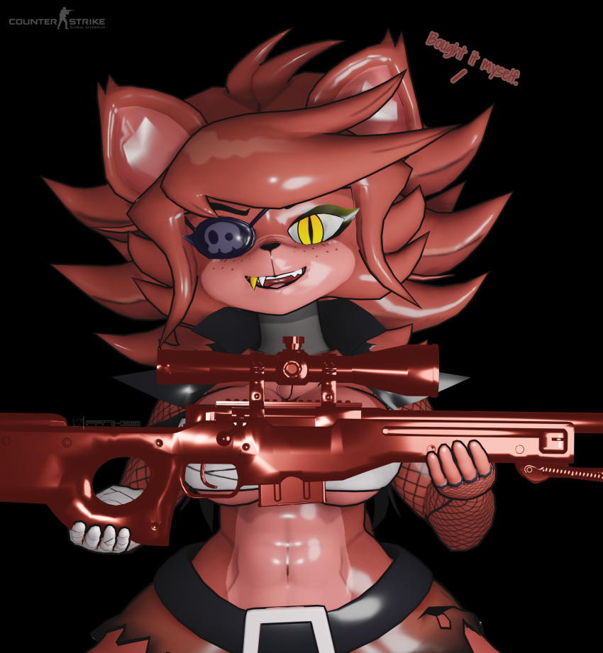 absurd_res anthro bandaged_arm bandaged_chest canid canine counter-strike:_global_offensive eye_patch eyewear female fishnet fishnet_armwear five_nights_at_freddy's fox foxy_(cally3d) foxy_(fnaf) fredina's_nightclub fur gold_(metal) gold_tooth gun hair hi_res logo mammal prykez ranged_weapon red_body red_fur red_hair rifle scottgames smile smiling_at_viewer sniper_rifle solo video_games weapon yellow_eyes