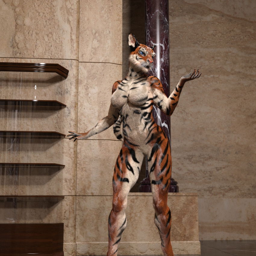 1:1 abs anthro arms_out athletic athletic_female bengal_tiger black_stripes blue_eyes breasts contrapposto earthclan3d featureless_breasts felid female fur glistening glistening_body glistening_fur hi_res mammal markings muscular_thighs nude orange_body orange_fur pantherine pillar pink_nose piper_(earthclan) solo splayed_fingers standing stone_wall striped_arms striped_body striped_legs striped_markings striped_tail stripes tail_markings tiger wall_(structure) white_body white_breasts white_fur white_whiskers wide_stance