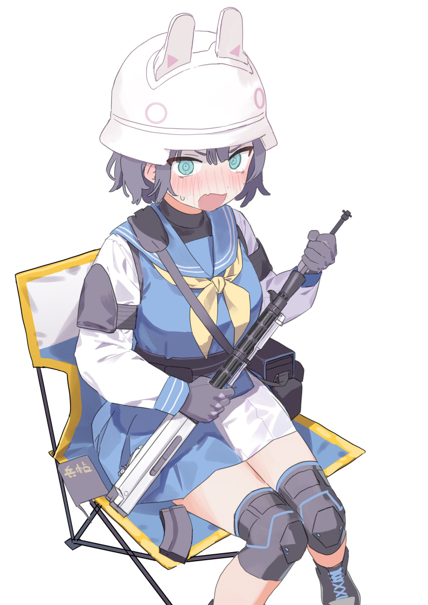 1girl absurdres animal_ears black_bag black_footwear black_gloves blue_archive blue_sailor_collar blue_skirt blush camping_chair chair cleaning_gun cleaning_rod cleaning_weapon embarrassed fake_animal_ears gloves green_eyes helmet highres holding knee_pads knees_together_feet_apart looking_at_viewer medium_hair military_helmet neckerchief open_mouth purple_hair rabbit_ears sailor_collar saki_(blue_archive) school_uniform shoes simple_background sitting skirt sneakers solo sweat taberu_343 tactical_clothes two-tone_skirt white_background white_headwear white_skirt yellow_neckerchief