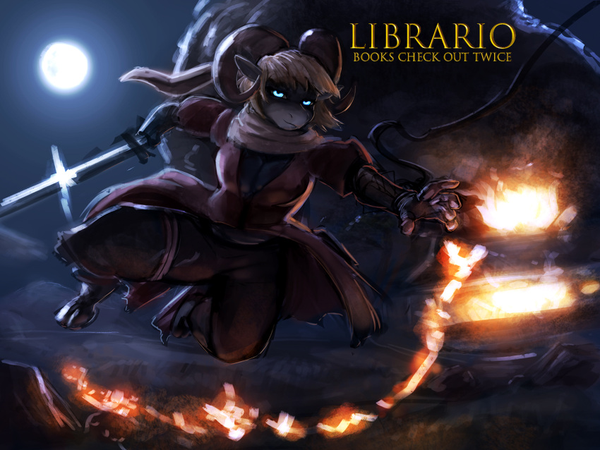 action_pose anthro blonde_hair blue_eyes bovid buttram caprine cosplay digital_media_(artwork) explosion female fromsoftware full_moon general-irrelevant glowing glowing_eyes goat hair holding_object holding_sword holding_weapon hooves horn looking_at_viewer mammal melee_weapon moon night outside pose sekiro:_shadows_die_twice solo sword video_games weapon