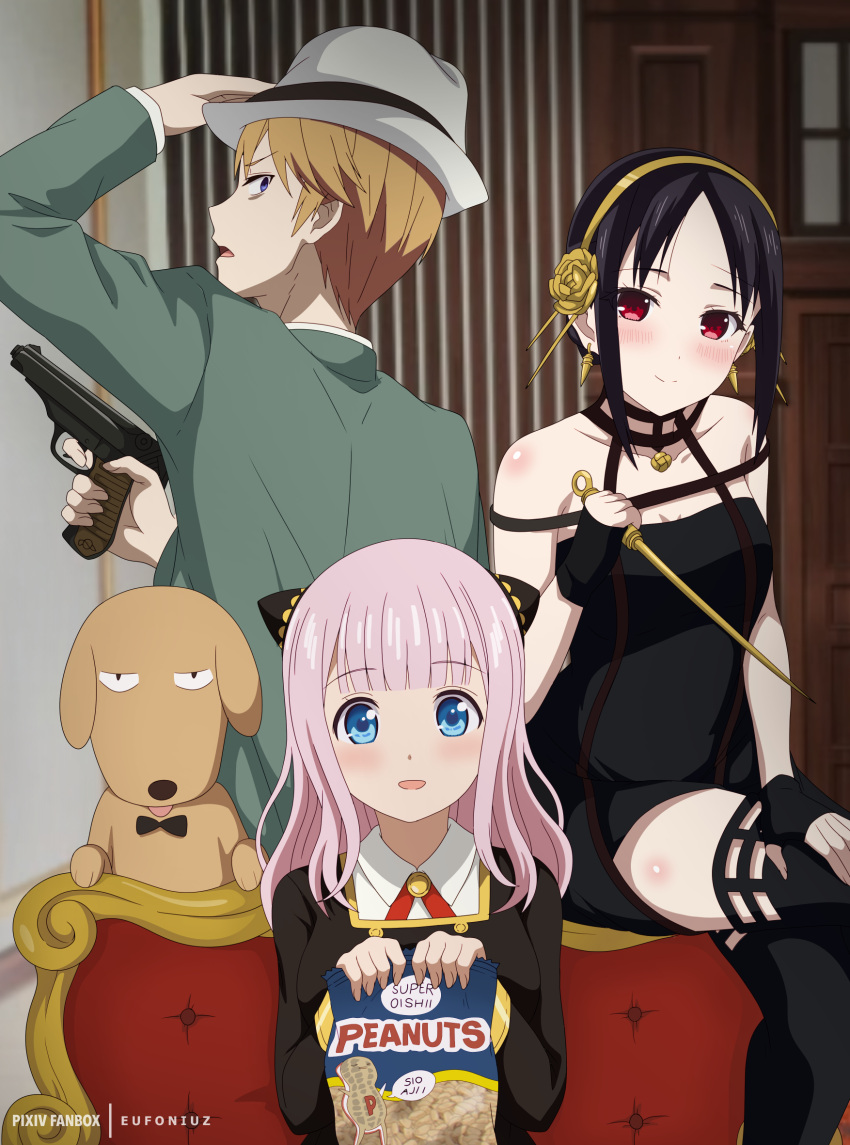 1boy 2girls animal anya_(spy_x_family) anya_(spy_x_family)_(cosplay) bare_shoulders black_bow black_bowtie black_dress black_gloves black_hair black_legwear blush bond_(spy_x_family) bow bowtie breasts cleavage closed_mouth collarbone cosplay couch dagger dog dress earrings english_commentary eufoniuz family family_portrait fingerless_gloves fujiwara_chika gloves gold_earrings gold_hairband green_jacket gun hair_ornament handgun hat highres holding holding_dagger holding_gun holding_weapon jacket jewelry kaguya-sama_wa_kokurasetai_~tensai-tachi_no_renai_zunousen~ knife large_breasts long_hair looking_at_viewer looking_back medium_breasts medium_hair multiple_girls on_couch open_mouth peanut pes_(kaguya-sama_wa_kokurasetai) pink_hair pistol red_eyes shinomiya_kaguya shirogane_miyuki short_hair sidelocks sitting sleeveless sleeveless_dress smile snack spy_x_family thighhighs twilight_(spy_x_family) twilight_(spy_x_family)_(cosplay) weapon yor_briar yor_briar_(cosplay)