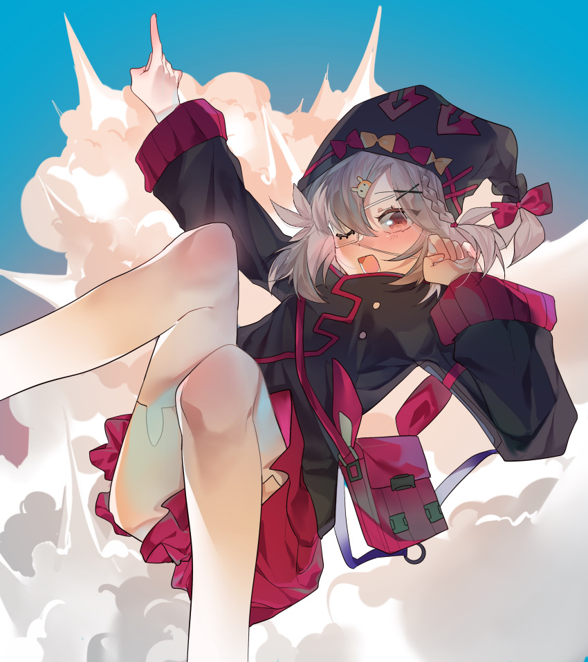 1girl absurdres animal_ear_legwear arknights arm_up bag black_headwear black_jacket blue_sky blush braid bunny_ear_legwear bunny_hair_ornament commentary_request explosion eyepatch feet_out_of_frame grey_hair hair_ornament hairclip highres jacket juzitansuan knees_together_feet_apart knees_up long_sleeves looking_at_viewer open_mouth pleated_skirt pointing popukar_(arknights) red_eyes red_skirt shoulder_bag skirt sky solo thighhighs white_legwear wide_sleeves x_hair_ornament