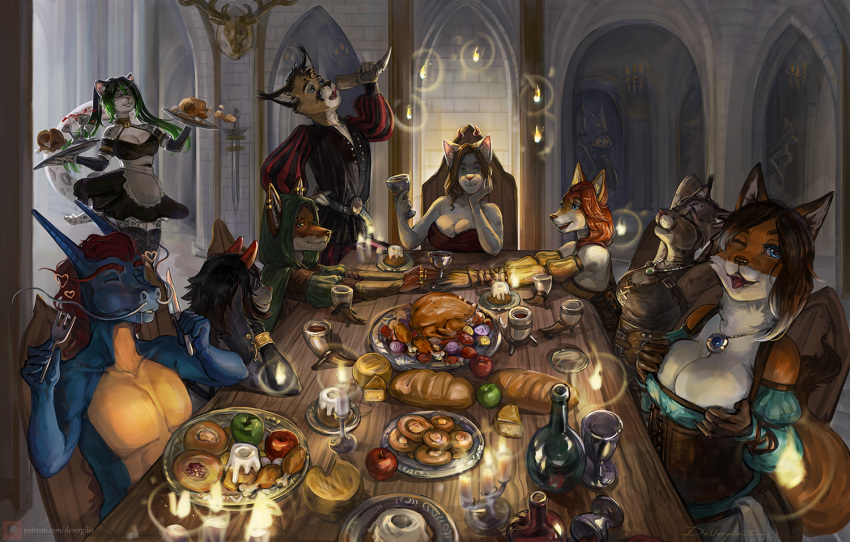 2022 amulet anthro apron bethesda_softworks beverage big_breasts black_clothing black_dress bread breasts brown_hair candle canid canine chair clothing detailed_background devergilia digital_media_(artwork) domestic_cat dragon dress feast felid feline felis female food fox furniture group hair holding_beverage holding_food holding_fork holding_object inside lynx lyubov_(devergilia) maid_uniform male mammal medieval on_chair one_eye_closed pantherine pigtails plate sitting sitting_on_chair skyrim smile snow_leopard tharkis the_elder_scrolls uniform video_games whiskers yarrek