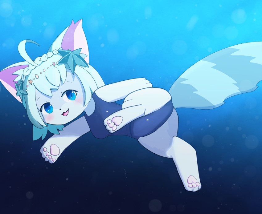 absurd_res accessory akurara anthro blue_body blue_eyes blue_fur blue_hair chio clothing domestic_cat felid feline felis female fur hair hair_accessory headgear headwear hi_res mammal pawpads pink_pawpads seashell shell smile solo solo_focus swimming swimwear underwater water