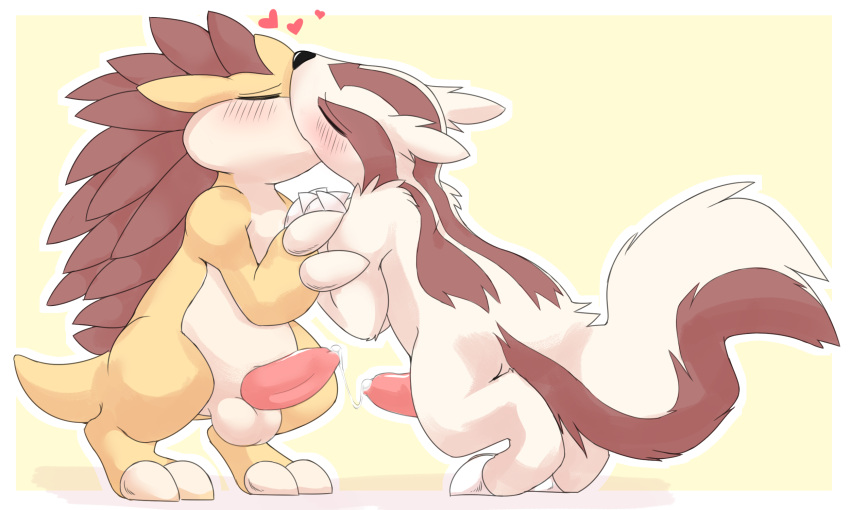 &lt;3 anthro balls blush bodily_fluids claws cum digitigrade duo erection eyes_closed genital_fluids genitals hand_holding hi_res intimate kissing linoone long_tail male male/male markings maximeow multicolored_body nintendo penis pok&eacute;mon pok&eacute;mon_(species) romantic romantic_couple sandslash short_tail shoulder_tuft simple_background tapering_penis tuft two_tone_body video_games white_body yellow_body