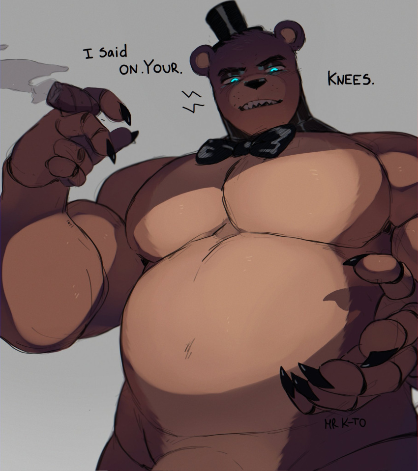 2022 animatronic anthro artist_name belly biceps big_penis bow_tie brown_body brown_fur cigar claws clothing dialogue digital_media_(artwork) english_text eyeshadow fingers five_nights_at_freddy's freddy_(fnaf) fur genitals grey_background hat headgear headwear hi_res kato200_0 looking_at_viewer machine makeup male mammal multicolored_body multicolored_fur musclegut muscular muscular_anthro muscular_male nude pecs penis robot scottgames signature simple_background slightly_chubby solo standing talking_to_viewer teal_eyes teeth text top_hat two_tone_body two_tone_fur ursid video_games