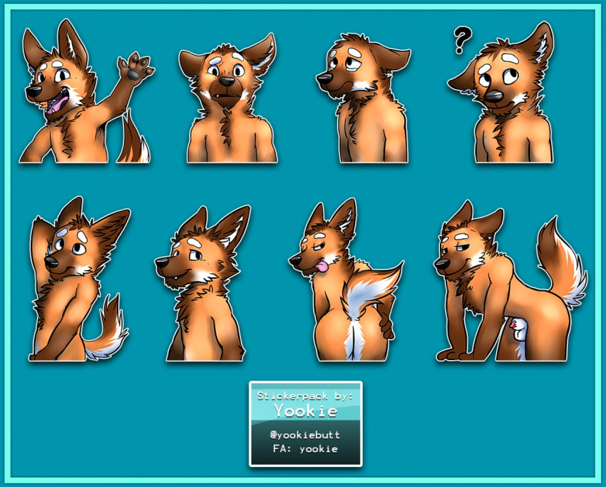 balls black_nose blue_background brown_body brown_ears brown_fur brown_hair brown_tail butt canid canine cheek_tuft chest_tuft confusion ears_back eyebrows facial_tuft fangs front_view fur genitals gesture hair hand_behind_head happy leaning leaning_forward mammal maned_wolf multiple_images narrowed_eyes neck_tuft orange_body orange_fur orange_tail penis penis_tip pink_tongue pivoted_ears presenting presenting_hindquarters red_penis sad short_hair simple_background telegram_stickers tongue tongue_out tuft waving white_balls white_body white_eyebrows white_fur white_inner_ear white_sheath white_tail yookie