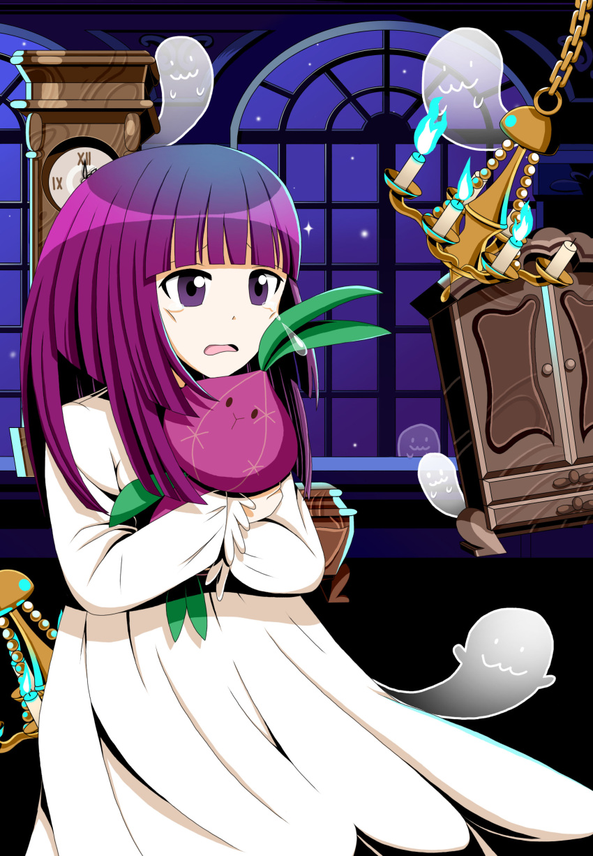 1girl absurdres bhj4078 chandelier clock cookie_run crying crying_with_eyes_open dot_nose drawer ghost highres humanization night onion_cookie parted_lips personification purple_hair sleepwear solo stuffed_toy tears