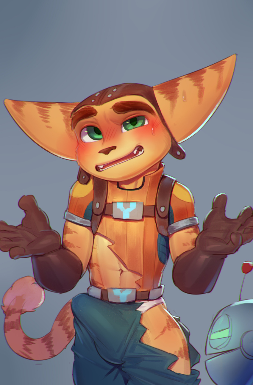 absurd_res anthro aviator_cap balls big_ears blush bodily_fluids bulge clank_(ratchet_and_clank) clothing cydonia_xia duo embarrassed genital_outline genitals gloves green_eyes handwear hi_res lombax male mammal penis_outline ratchet ratchet_and_clank shrug solo sony_corporation sony_interactive_entertainment sweat torn_clothing underwear vein video_games