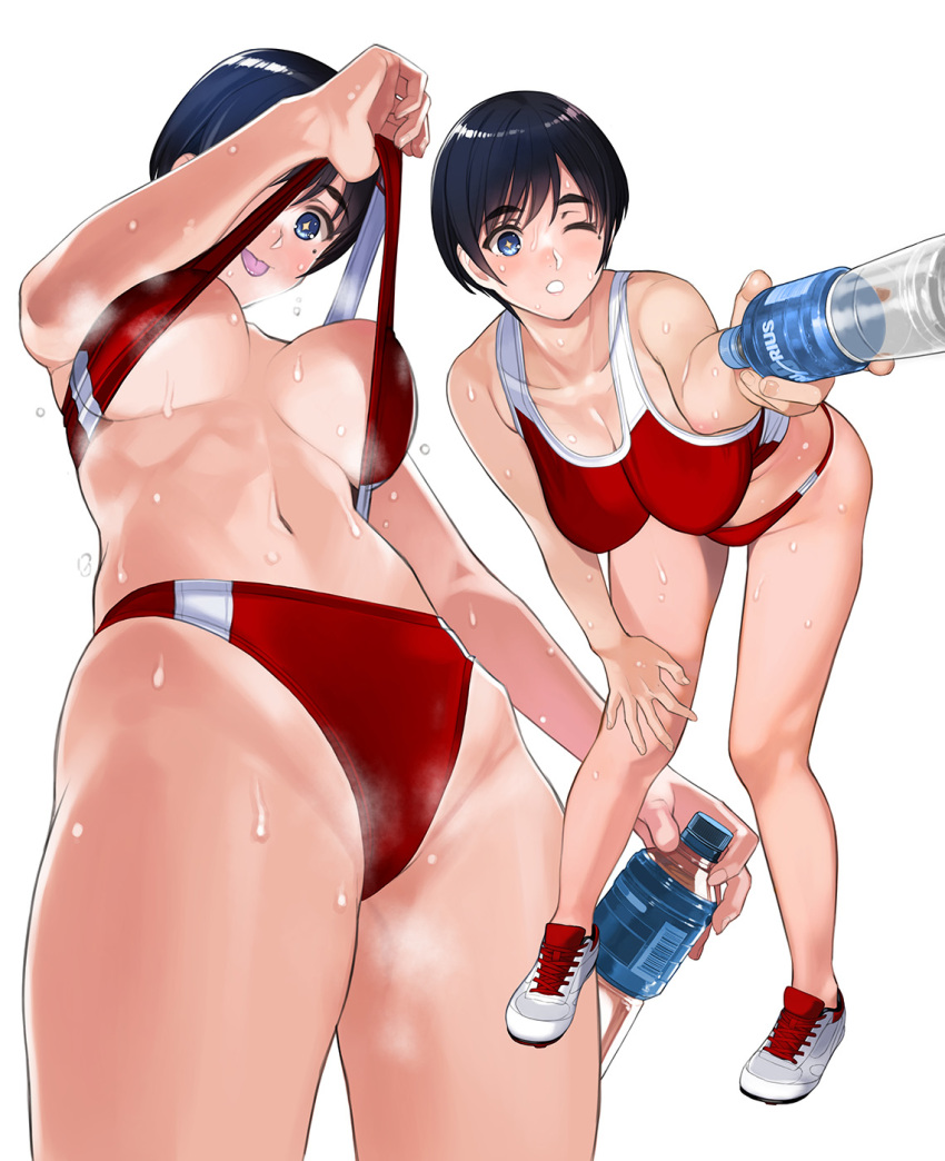 1girl athletic bangs black_hair blue_eyes bottle bra bra_pull breasts clothes_pull collarbone cowboy_shot eyebrows_visible_through_hair full_body hanging_breasts highres large_breasts light_blush lips mibu_natsuki midriff mole mole_under_eye multiple_views navel one_eye_closed original panties parted_lips red_bra red_panties shoes short_hair simple_background sneakers solo sports_bra sports_panties sportswear star-shaped_pupils star_(symbol) sweat symbol-shaped_pupils thighs tongue tongue_out underboob underwear water_bottle white_background white_footwear