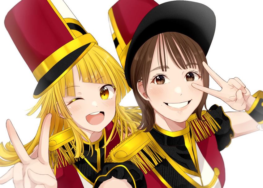 2girls bang_dream! bangs blonde_hair brown_hair elu_pom eyebrows_visible_through_hair itou_miku jacket long_hair medium_hair mole mole_under_mouth multiple_girls one_eye_closed parted_lips real_life red_headwear red_jacket smile tsurumaki_kokoro v voice_actor white_background yellow_eyes