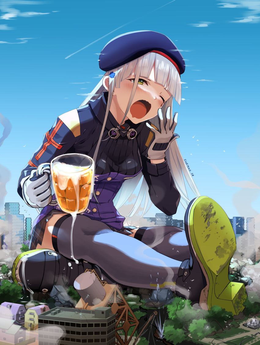 1girl absurdres alcohol bangs beer beret bird blue_sky blush building city commentary commentary_request cup day destruction drunk english_commentary eudetenis fountain full_body giant giantess girls'_frontline gloves green_eyes hat highres hk416_(girls'_frontline) long_hair mug one_eye_closed outdoors partial_commentary shoe_soles shoes silver_hair sitting skirt sky smoke solo thighhighs yawning