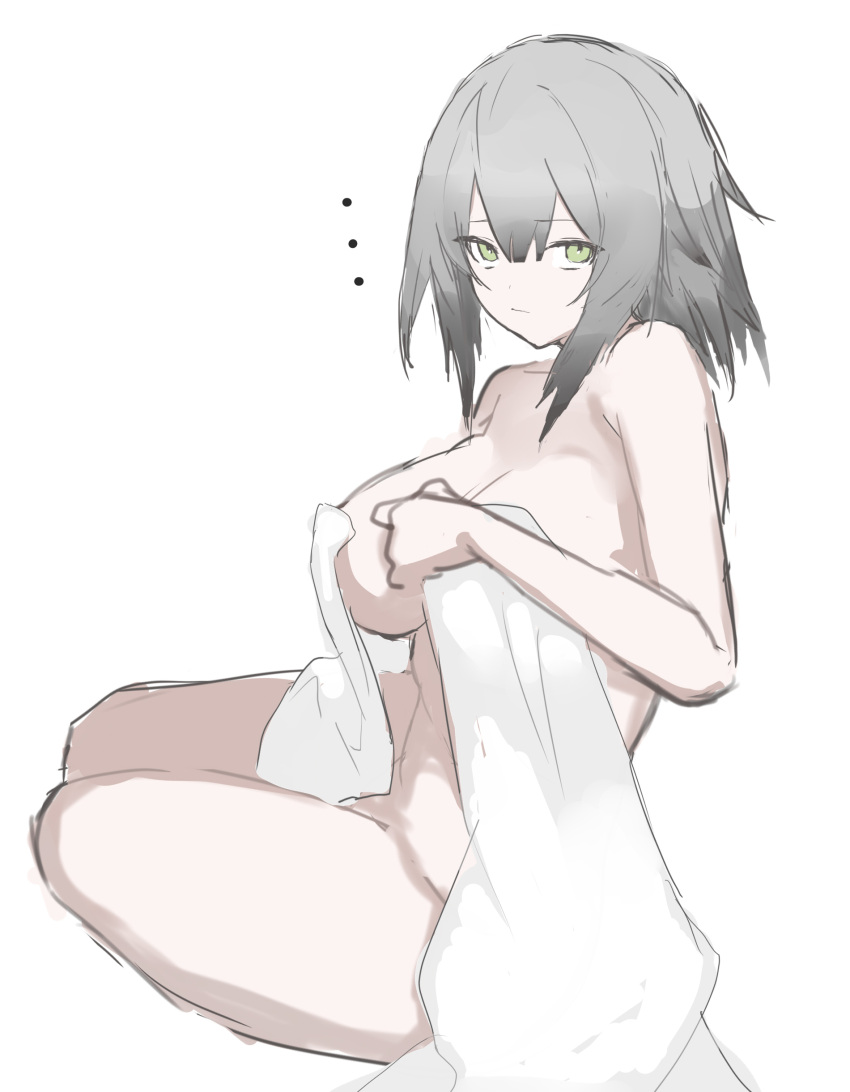 ... 1girl absurdres arknights bangs breasts cleavage closed_mouth collarbone completely_nude covering covering_breasts eyebrows_visible_through_hair ff_frbb122 full_body green_eyes grey_hair greythroat_(arknights) highres holding holding_towel large_breasts looking_at_viewer nude short_hair simple_background sitting solo towel white_background