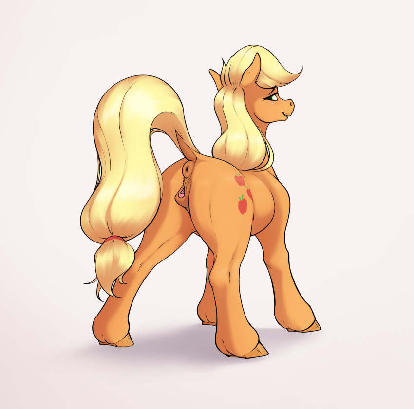 absurd_res anatomically_correct anatomically_correct_genitalia anatomically_correct_pussy animal_genitalia animal_pussy anus applejack_(mlp) aquaticvibes blonde_hair butt clitoral_winking clitoris dock earth_pony equid equine equine_pussy female feral friendship_is_magic genitals hair hasbro hi_res hooves horse looking_back mammal my_little_pony pony puffy_anus pussy raised_tail simple_background yellow_tail