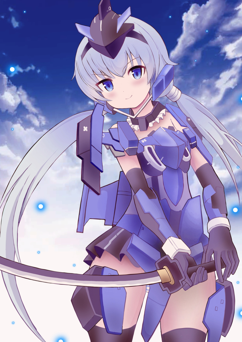 1girl absurdres black_legwear black_skirt blue_eyes blue_hair blue_leotard blush cloud commission covered_navel floating_hair frame_arms_girl highres holding holding_sword holding_weapon leotard low_twintails mecha_musume mikoko1 skeb_commission skirt sky smile solo stylet sword thighhighs twintails v-shaped_eyebrows weapon