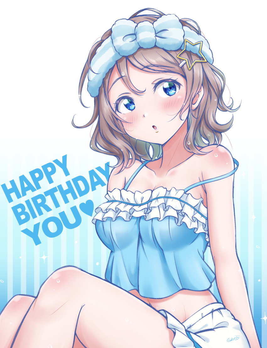 1girl :o absurdres bangs birthday blue_eyes blush breasts character_name ckst cleavage collarbone commentary english_text eyebrows_visible_through_hair happy_birthday highres love_live! love_live!_sunshine!! medium_breasts short_hair sidelocks signature sitting solo strap_slip watanabe_you