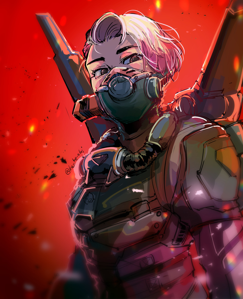 1girl apex_legends armor cable embers gas_mask highres jetpack kakechi looking_down mask official_alternate_costume pink_hair red_background short_hair slingshot_valkyrie solo twitter_username upper_body valkyrie_(apex_legends)