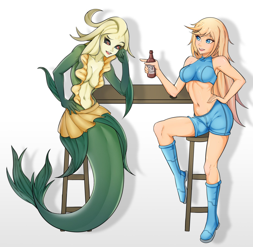 alcohol beer beer_bottle beverage bottle bottomwear clothing duo female female/female hair_down hi_res human humanoid league_of_legends loose_hair mammal marine merfolk metroid nami_(lol) nintendo riot_games samus_aran shirt shorts sitting skirt split_form tank_top topwear video_games weelzelu