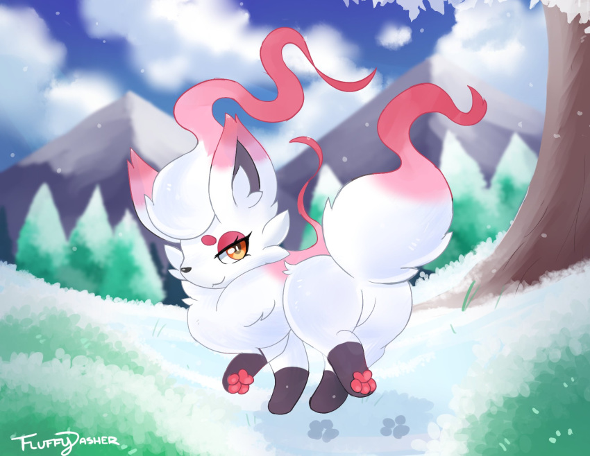 canid canine feral fluffydasher fur hi_res hisuian_zorua mammal nintendo pok&eacute;mon pok&eacute;mon_(species) pokemon_legends_arceus red_body red_fur regional_form_(pok&eacute;mon) smile solo video_games white_body white_fur yellow_eyes