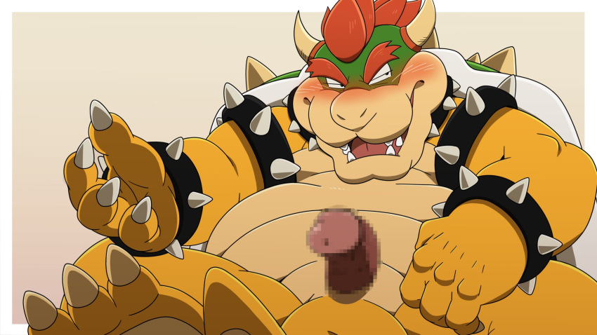 2022 anthro belly big_belly blush bowser censored erection eto1212 genitals hi_res humanoid_hands kemono koopa male mario_bros nintendo overweight overweight_male penis scalie simple_background solo video_games