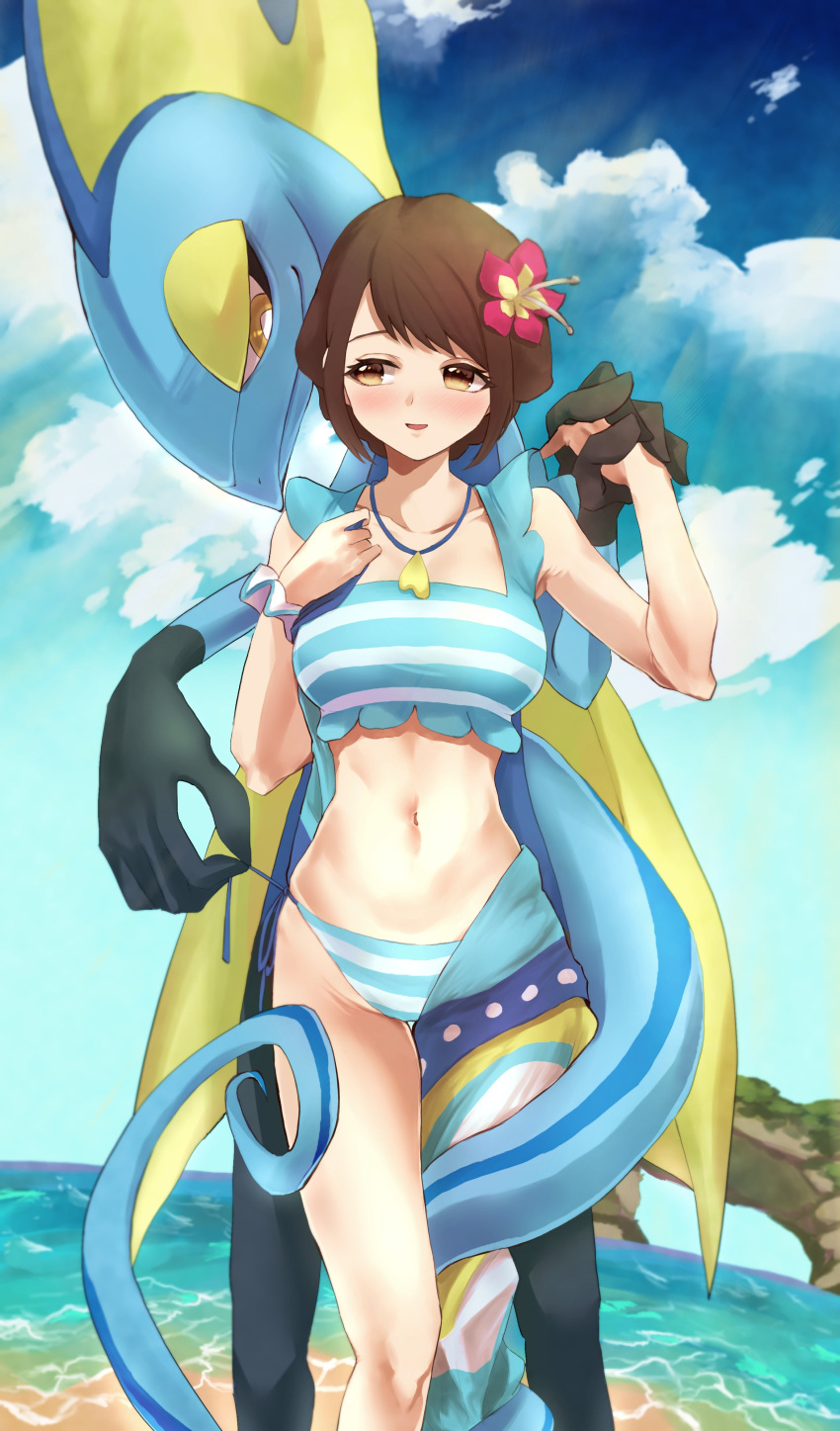 absurd_res accessory ambiguous_gender anthro beach bikini blue_body blush brown_hair clothing detailed_background duo female flower flower_in_hair gloria_(pok&eacute;mon) hair hair_accessory hand_holding hi_res human human_on_anthro inteleon interspecies lizard long_tail mammal navel nintendo pkmncheerz3 plant pok&eacute;mon pok&eacute;mon_(species) reptile scalie seaside swimwear video_games
