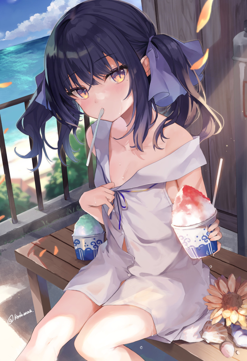 1girl bangs blush commentary_request cup day dress eyebrows_visible_through_hair feet_out_of_frame flower hair_ribbon highres holding holding_cup kedama_milk long_hair looking_at_viewer mole mole_under_eye neck_ribbon ocean on_bench original purple_hair ribbon sailor_collar seashell shell short_dress sidelocks sitting solo sunflower sweat twitter_username utensil_in_mouth white_dress white_sailor_collar yellow_eyes yellow_flower