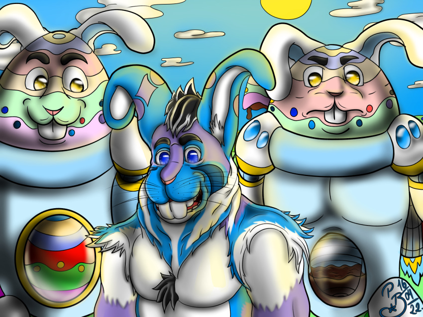 anthro easter easter_bunny easter_egg feral golems group hi_res holidays humanoid male male/male muscular muscular_male poochybig trio