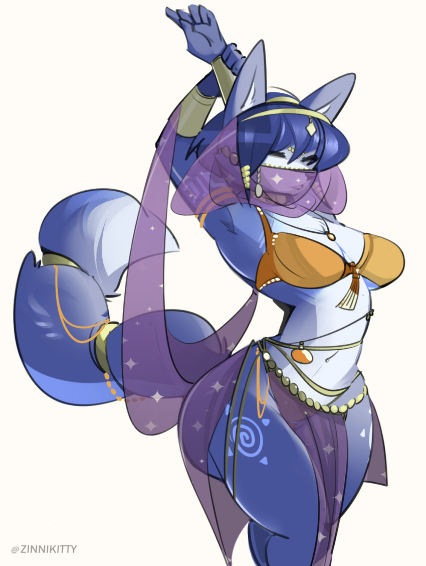 anthro armor belly_dancer blue_body blue_fur bra bracers canid canine clothed clothing eyes_closed female fox fur harem hi_res humanoid jewelry krystal mammal navel nintendo skimpy slave solo standing star_fox stretching translucent underwear veil video_games zinnick