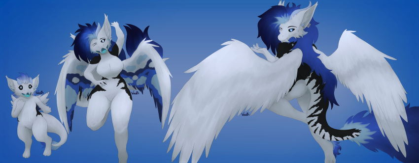 absurd_res anthro blue_background evolution evolution_(transformation) evolving feathers female fur hair hi_res horn markings simple_background solo stripes transformation voirath wings